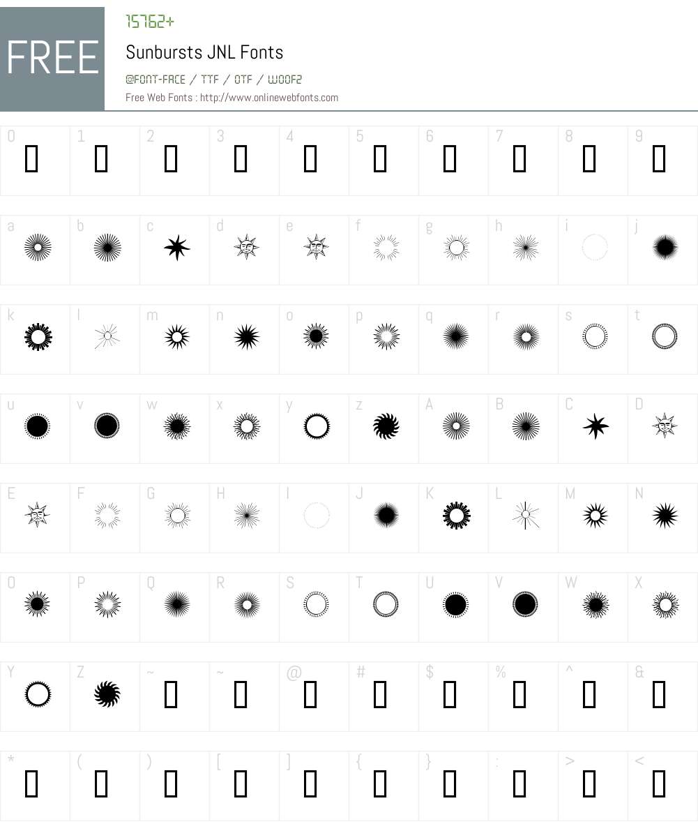 SunburstsJNL Font Screenshots