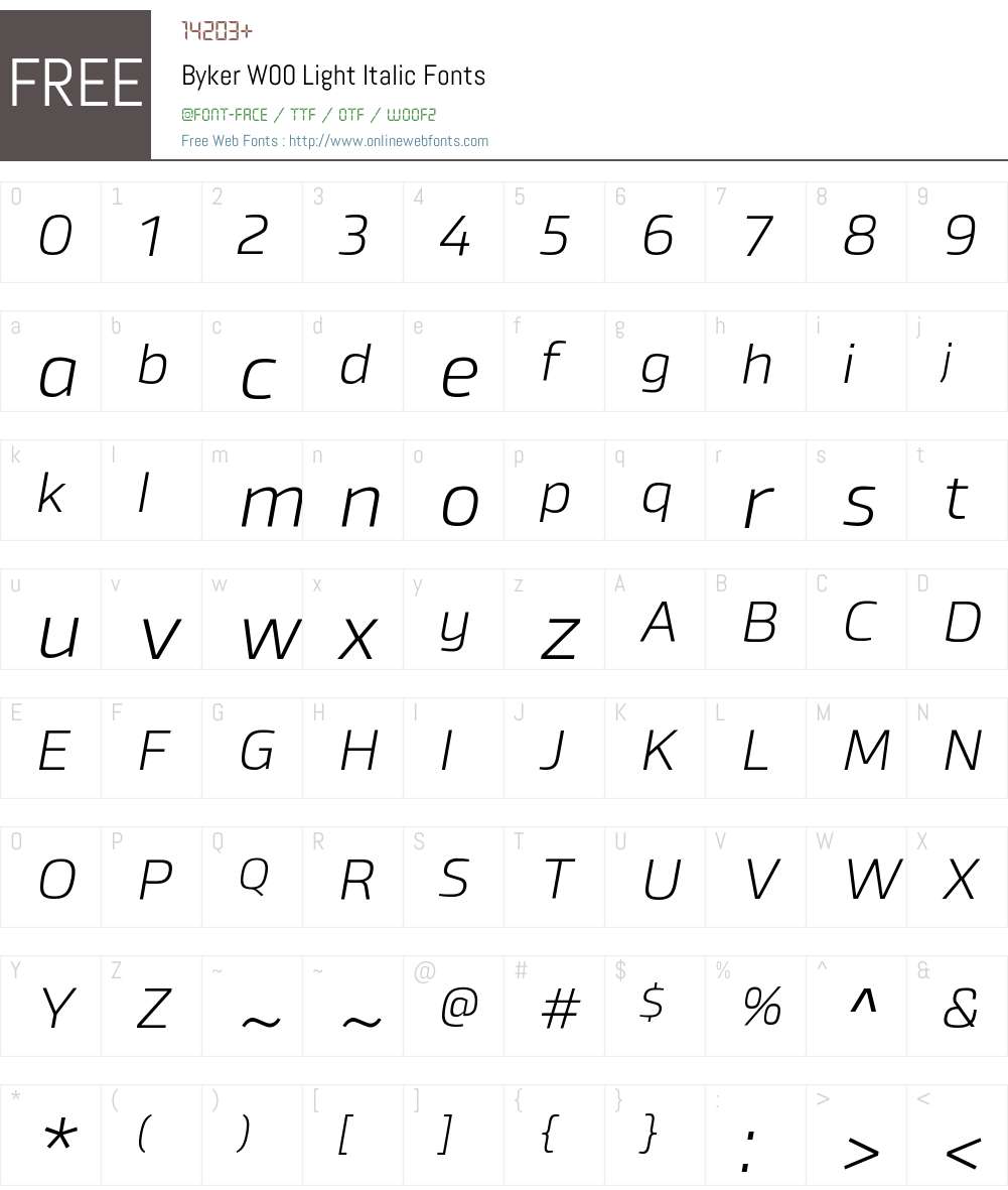 BykerW00-LightItalic Font Screenshots