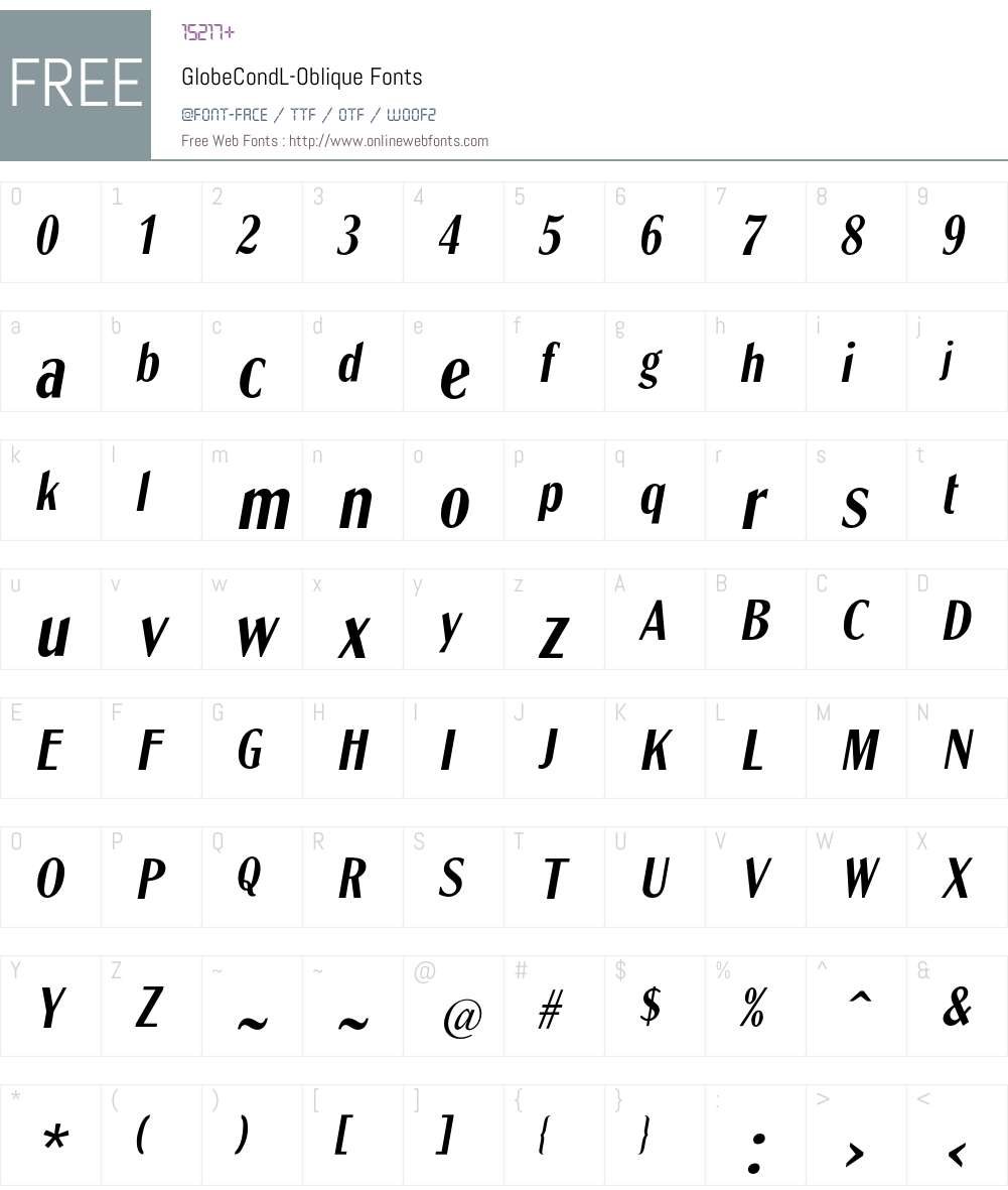 GlobeCondL-Oblique Font Screenshots