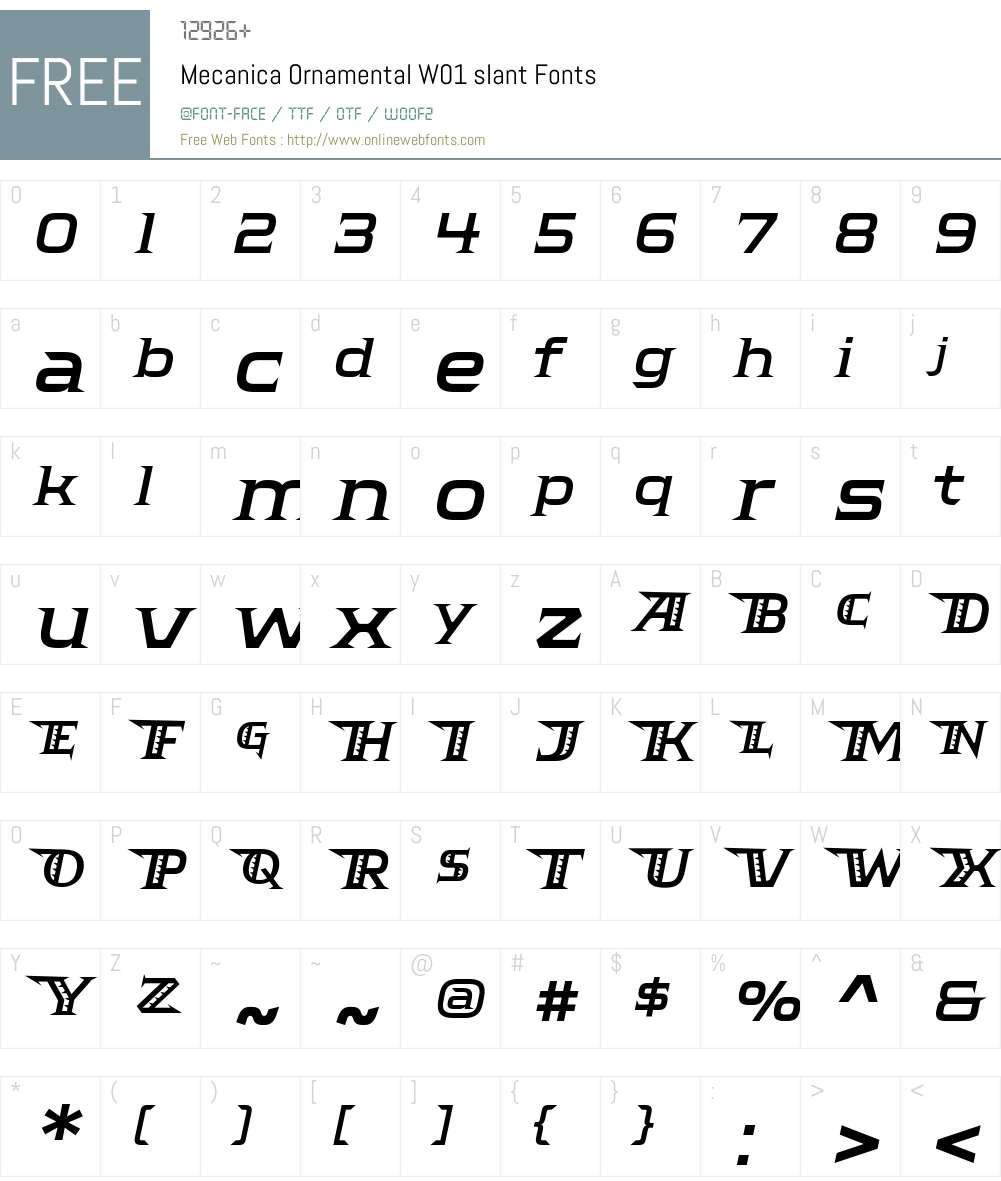 MecanicaOrnamentalW01-slant Font Screenshots