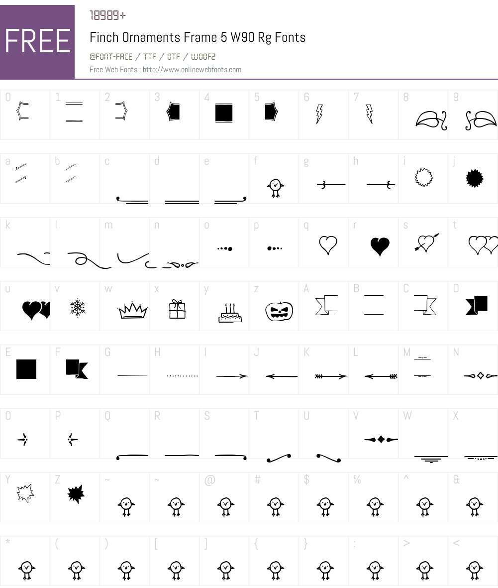 FinchOrnamentsFrame5W90-Rg Font Screenshots