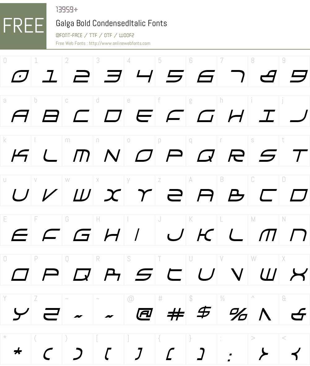 Galga Bold Condensed Italic Font Screenshots
