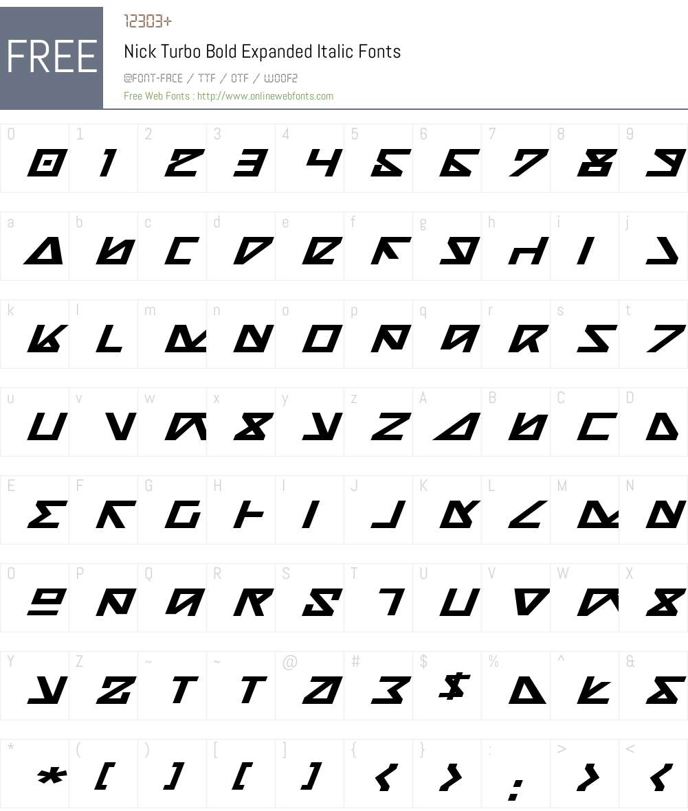 Nick Turbo Bold Expanded Italic Font Screenshots