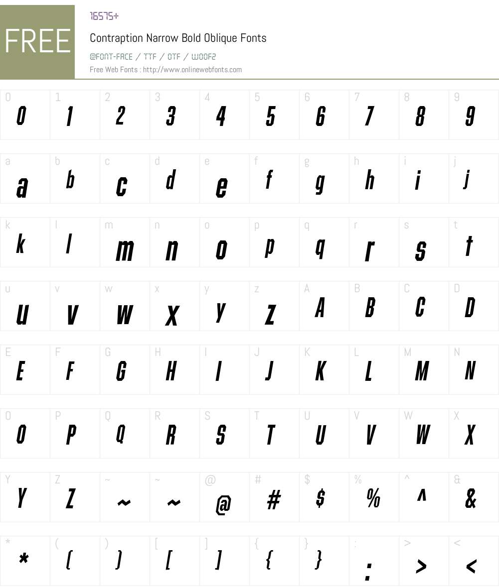 ContraptionNarrowBold-Oblique Font Screenshots