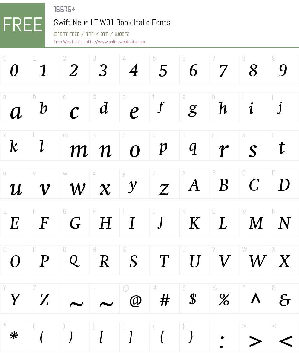 SwiftNeueLTW01-BookItalic Font Screenshots