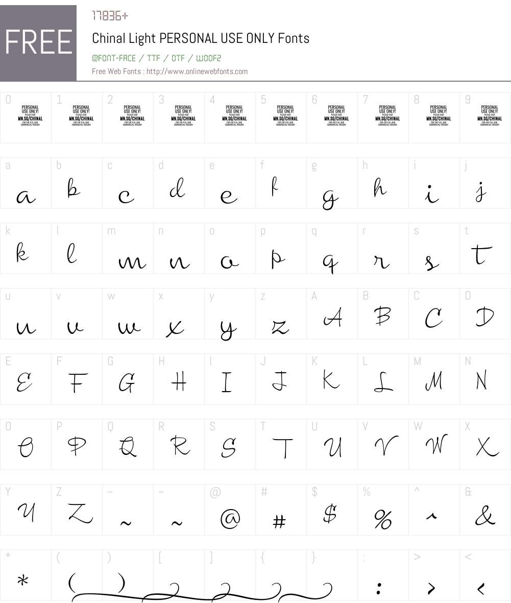Chinal Light PERSONAL USE ONLY Font Screenshots