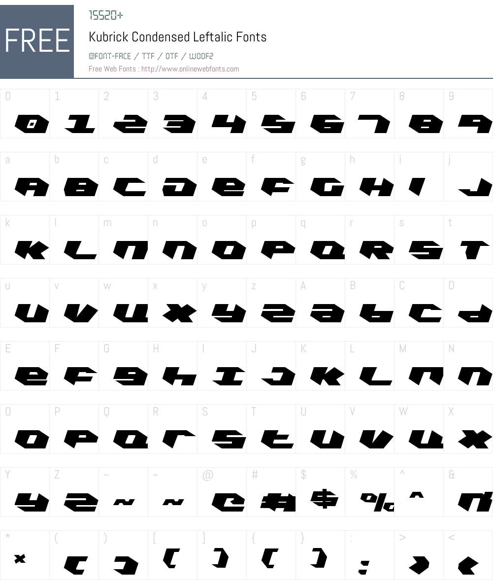 Kubrick Condensed Leftalic Font Screenshots