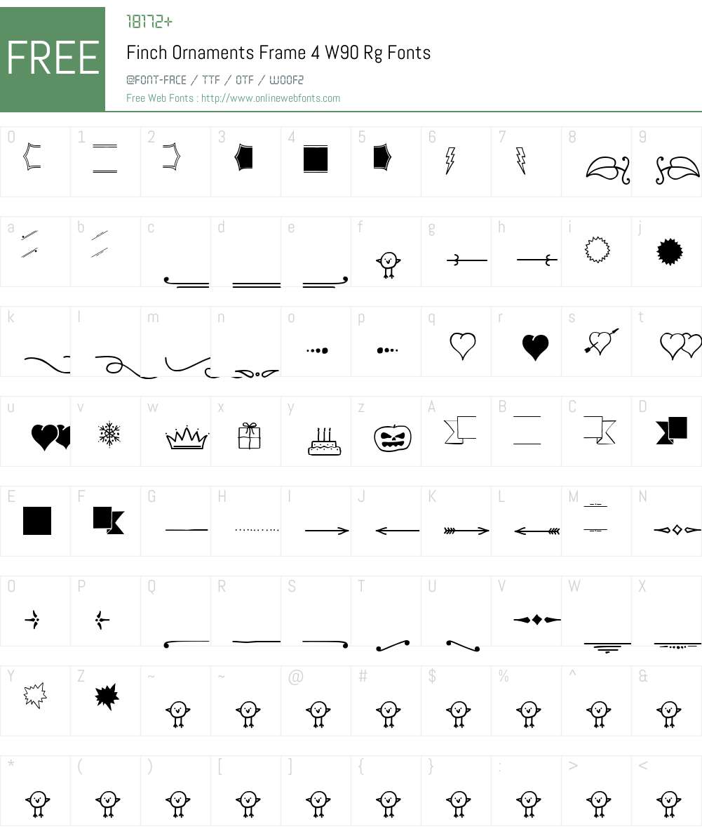FinchOrnamentsFrame4W90-Rg Font Screenshots