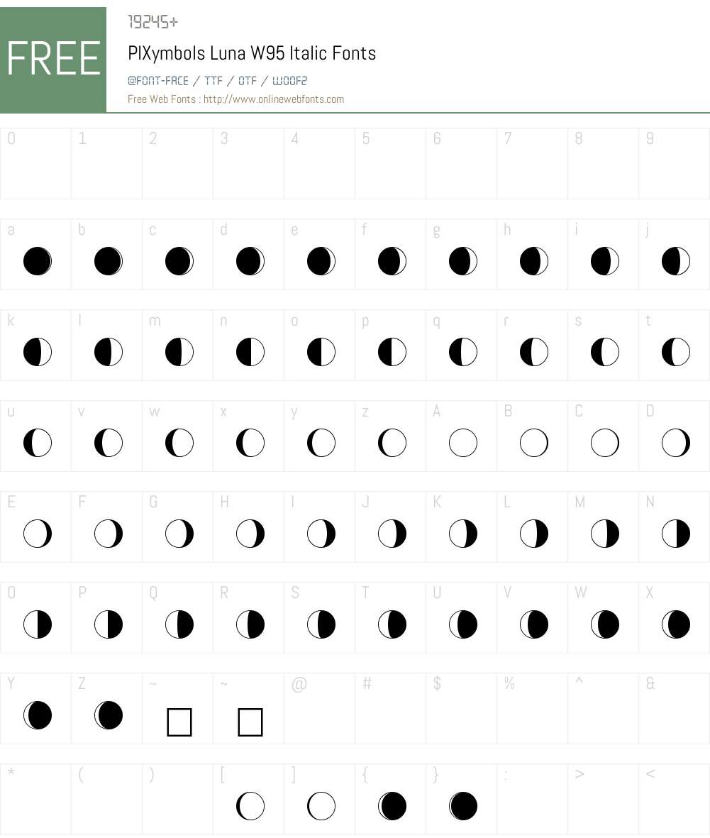 PIXymbolsLunaW95-Italic Font Screenshots