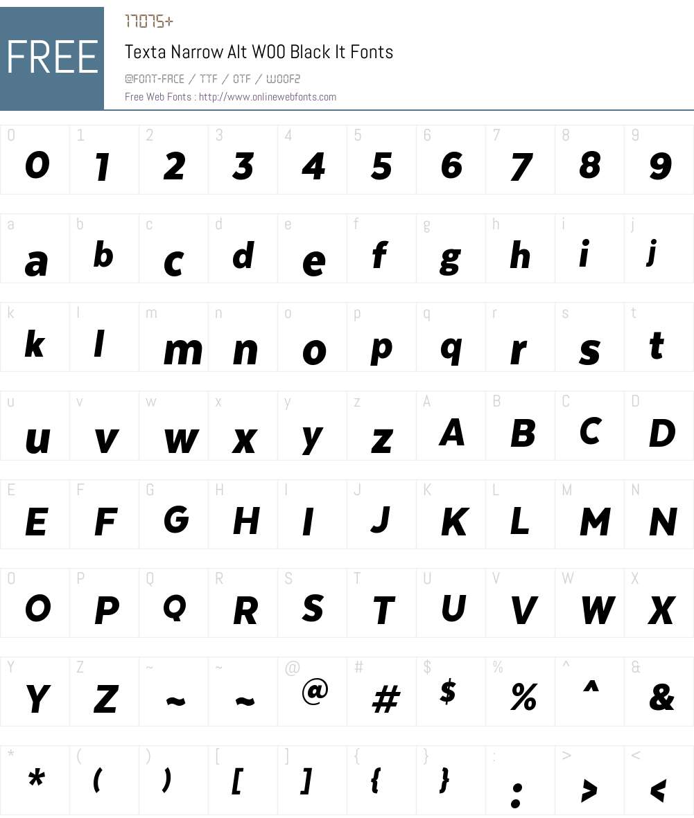 TextaNarrowAltW00-BlackIt Font Screenshots