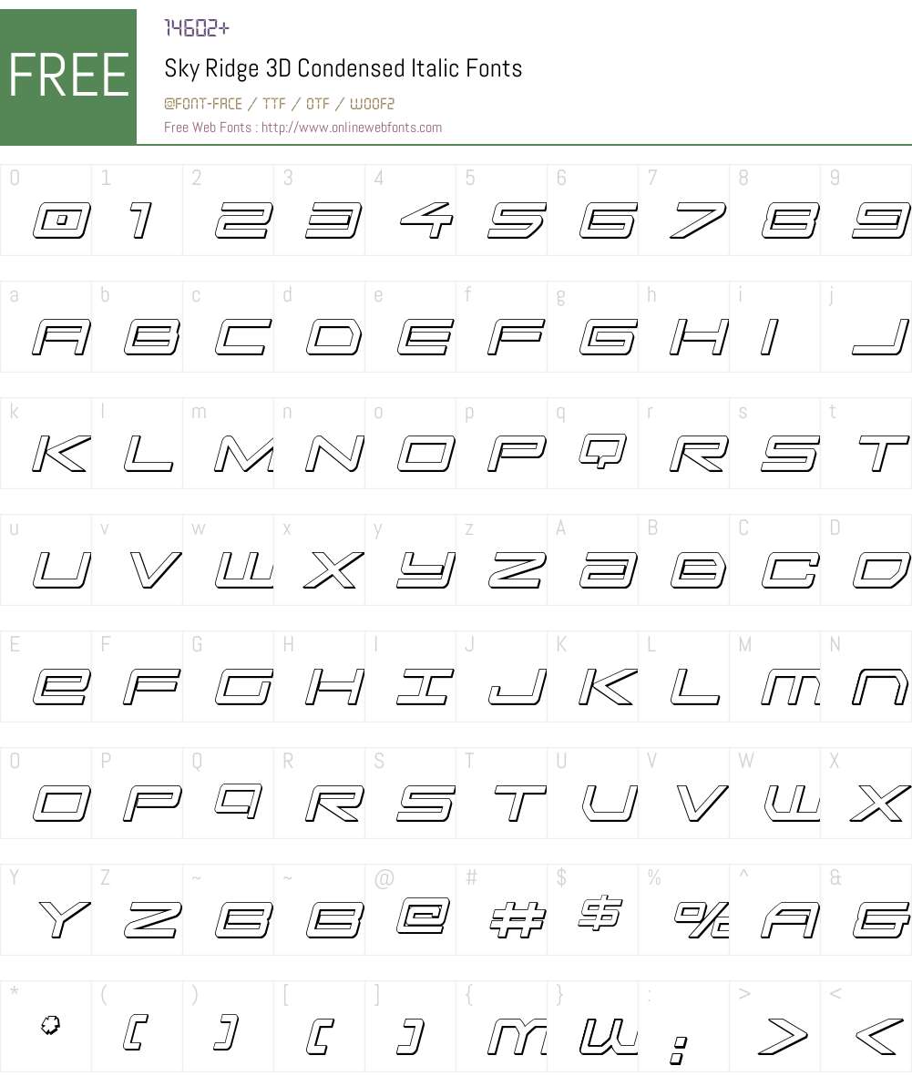 Sky Ridge 3D Condensed Italic Font Screenshots