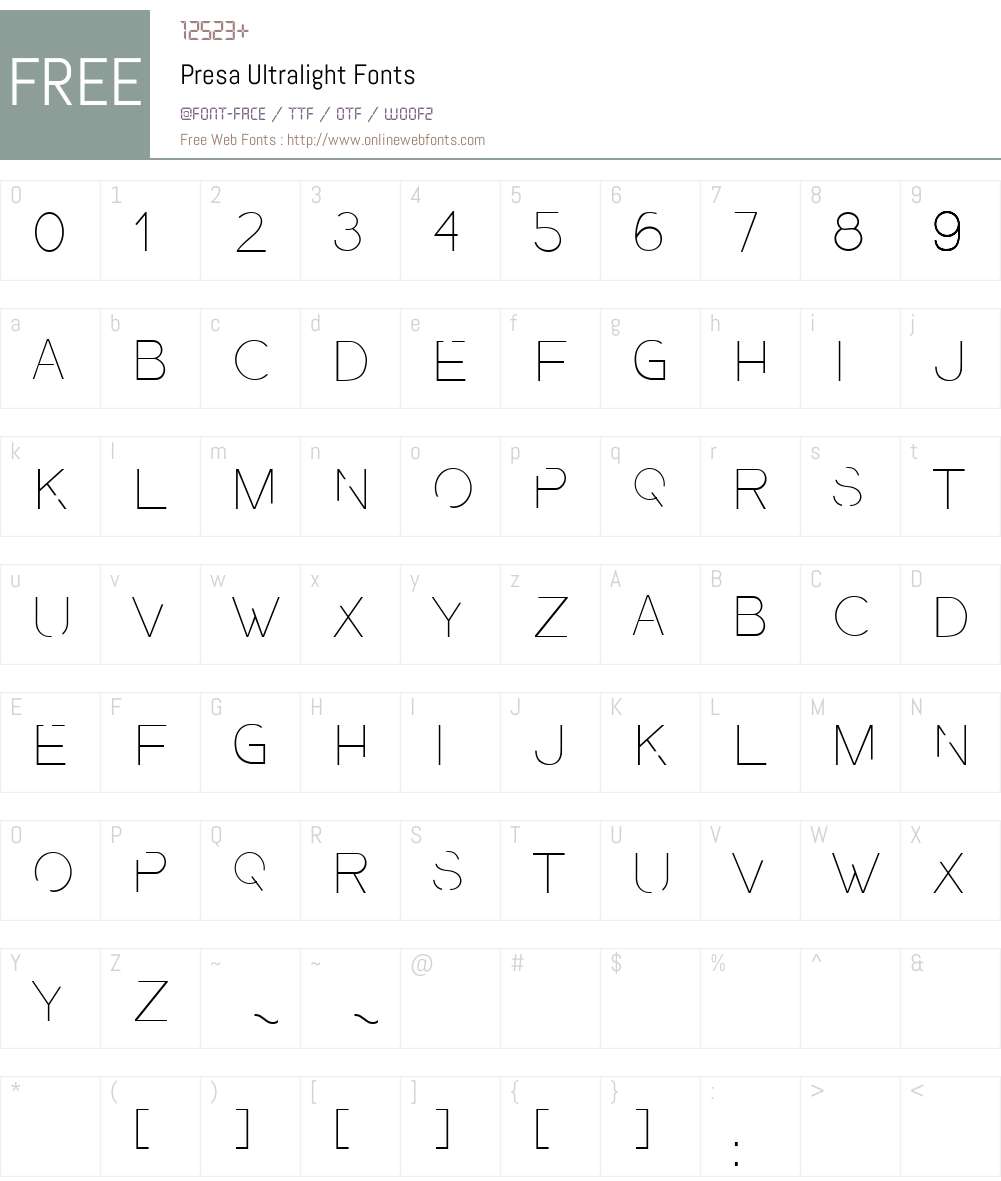 Presa Ultralight Font Screenshots