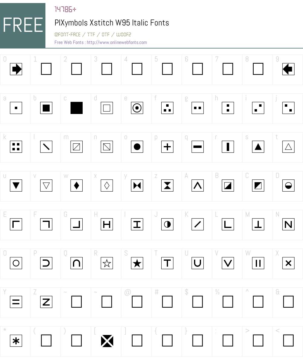 PIXymbolsXstitchW95-Italic Font Screenshots