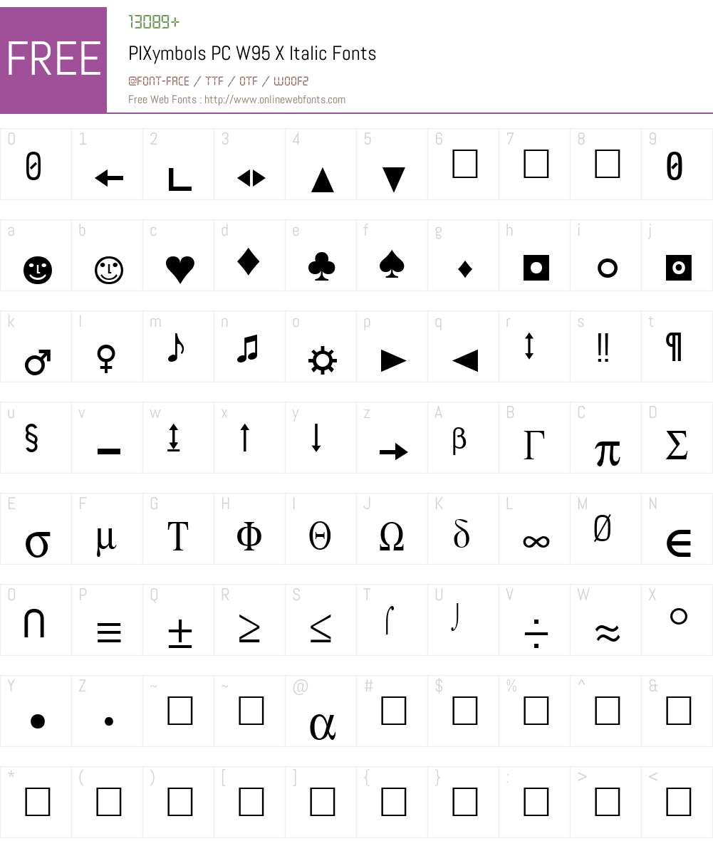 PIXymbolsPCW95-XItalic Font Screenshots