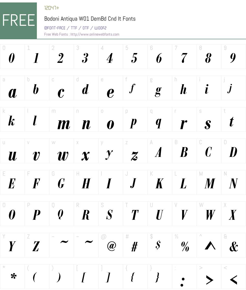BodoniAntiquaW01-DemBdCndIt Font Screenshots