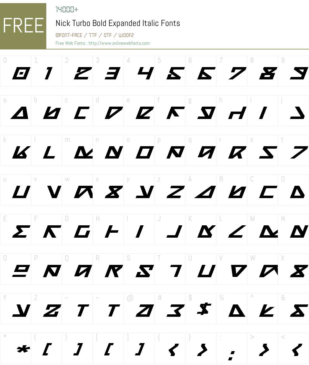 Nick Turbo Bold Expanded Italic Font Screenshots