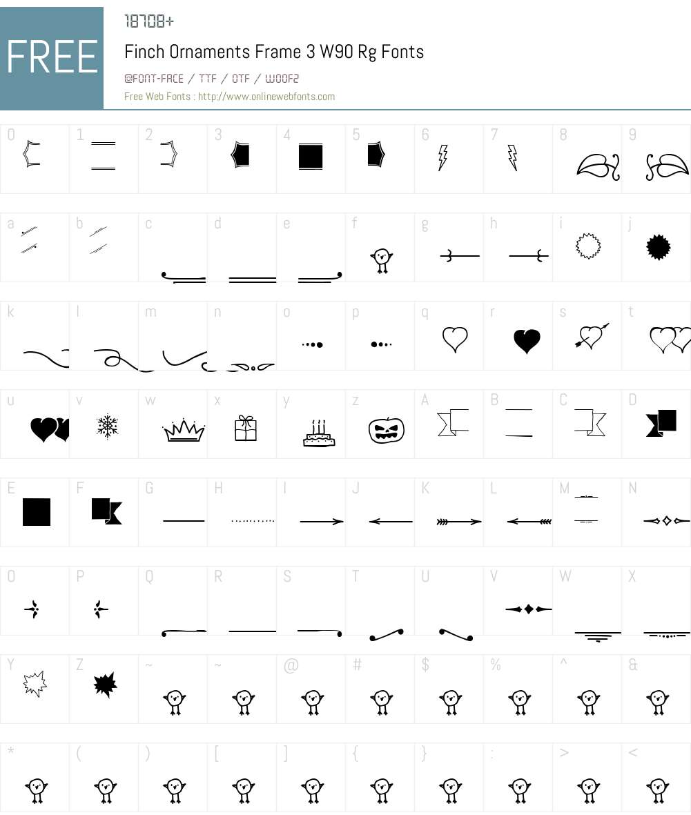 FinchOrnamentsFrame3W90-Rg Font Screenshots