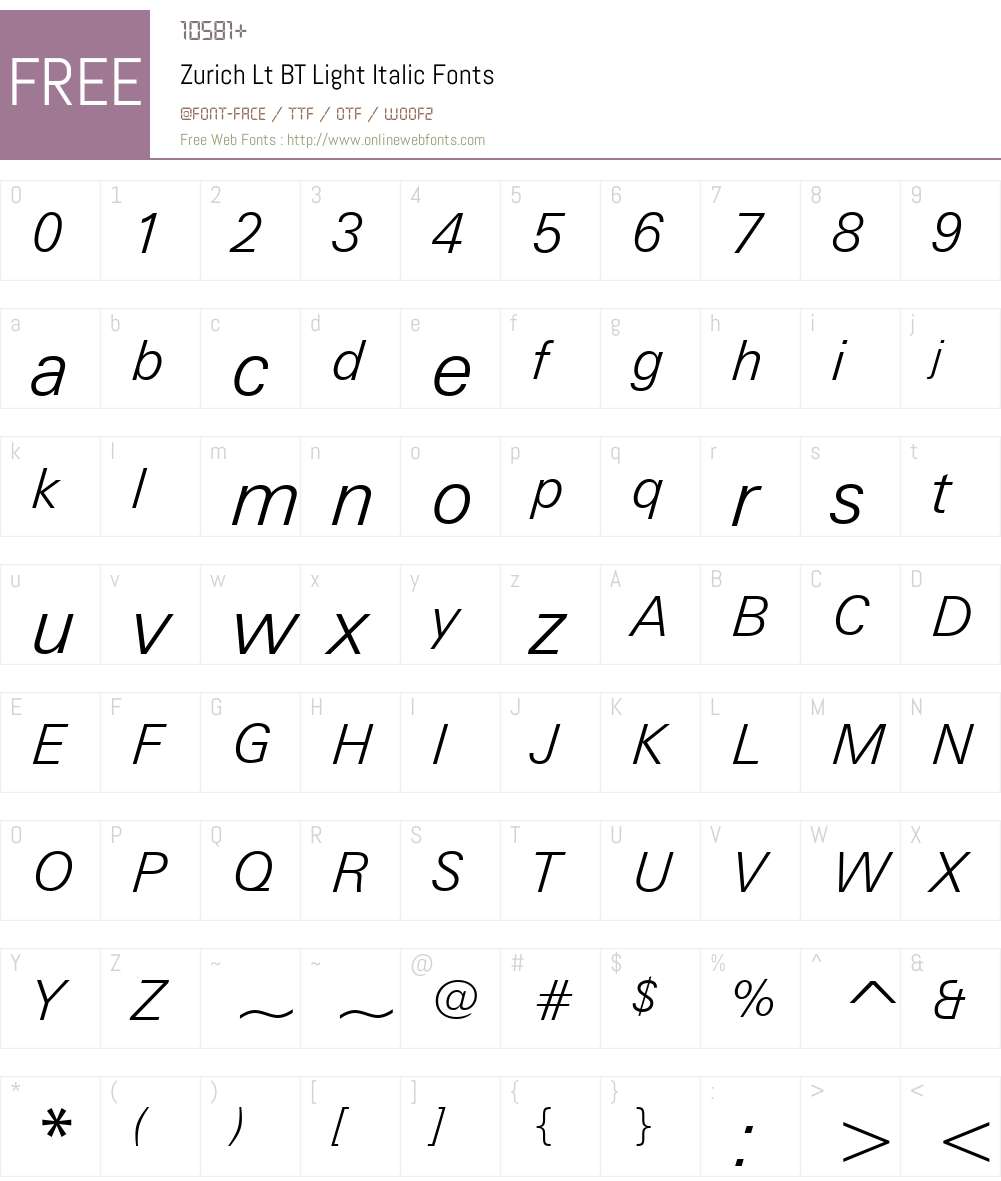 Zurich Lt BT Font Screenshots