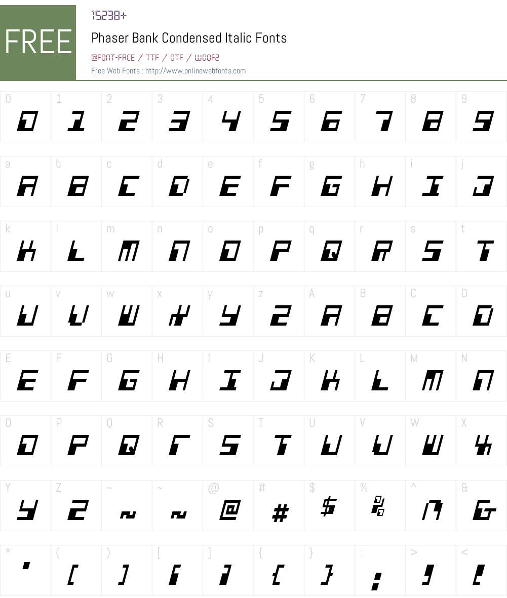Phaser Bank Condensed Italic Font Screenshots