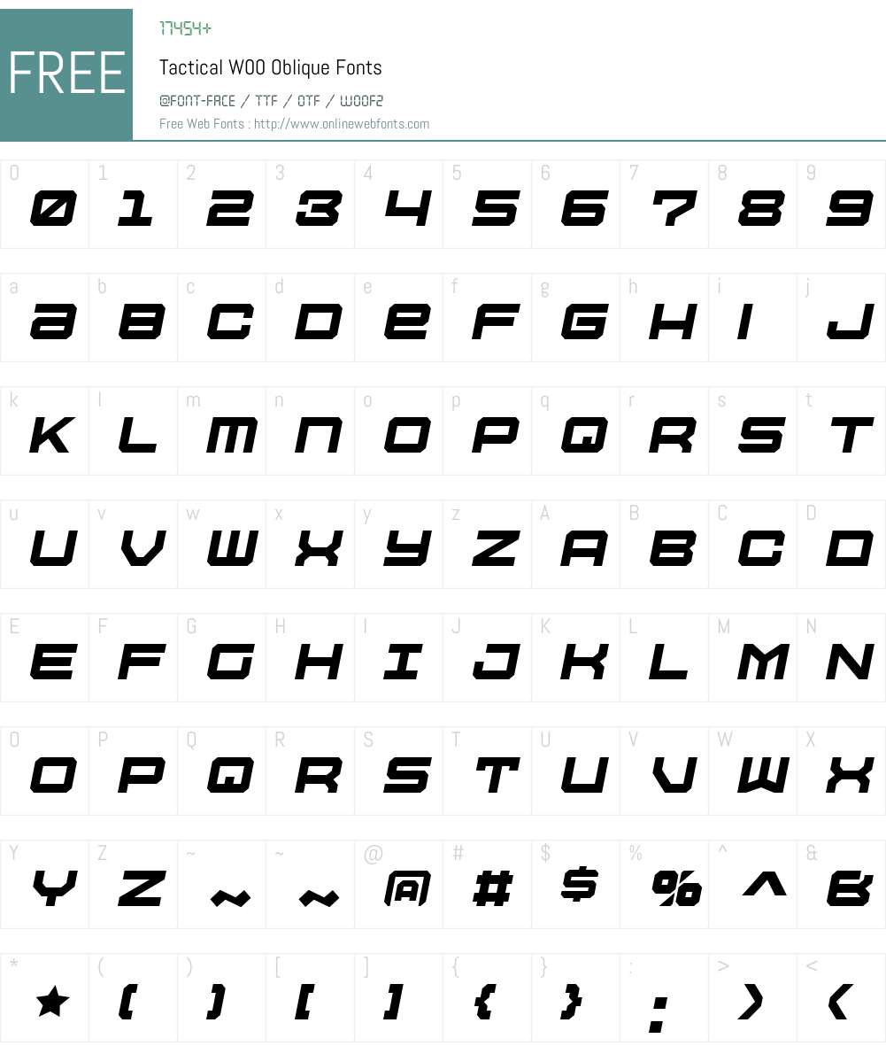 TacticalW00-Oblique Font Screenshots