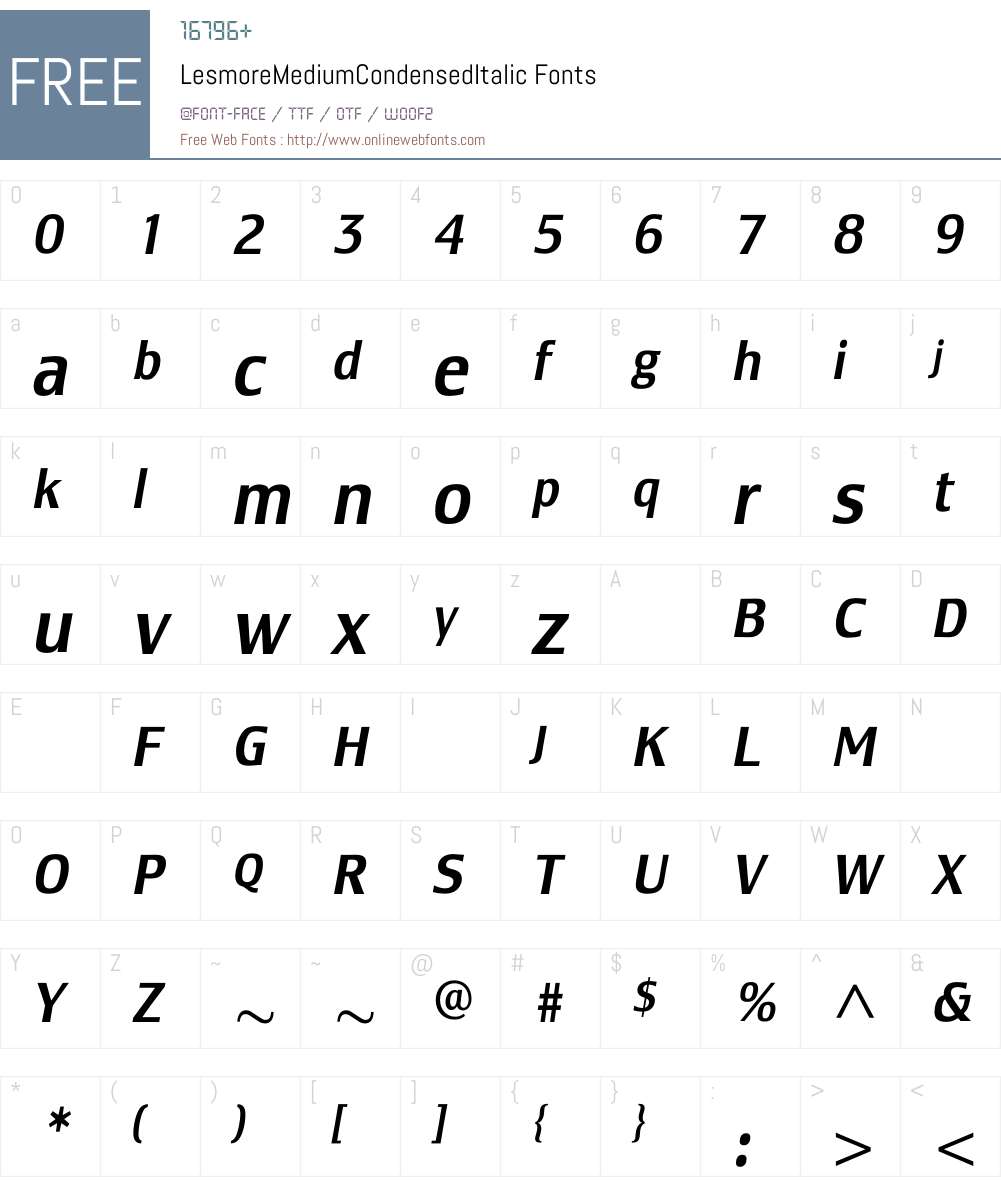 LesmoreMediumCondensedItalic Font Screenshots