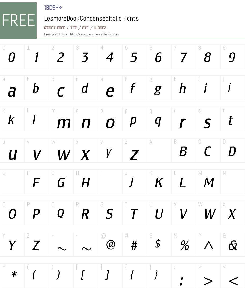LesmoreBookCondensedItalic Font Screenshots