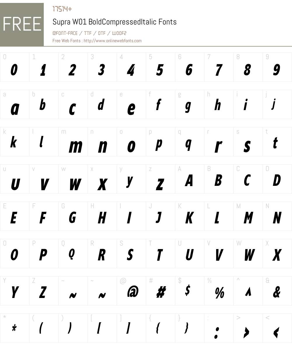 SupraW01-BoldCompressedIt Font Screenshots