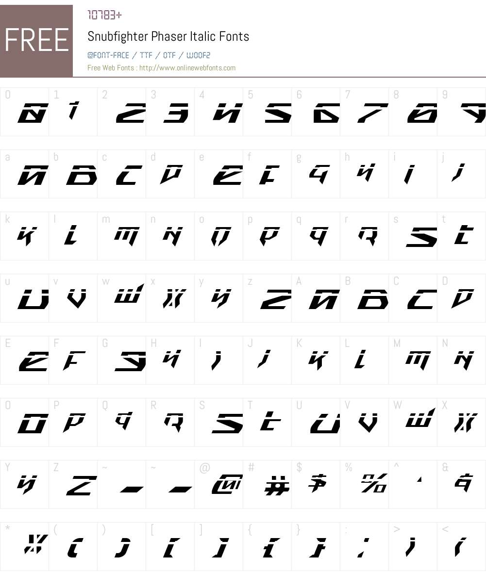 Snubfighter Phaser Italic Font Screenshots