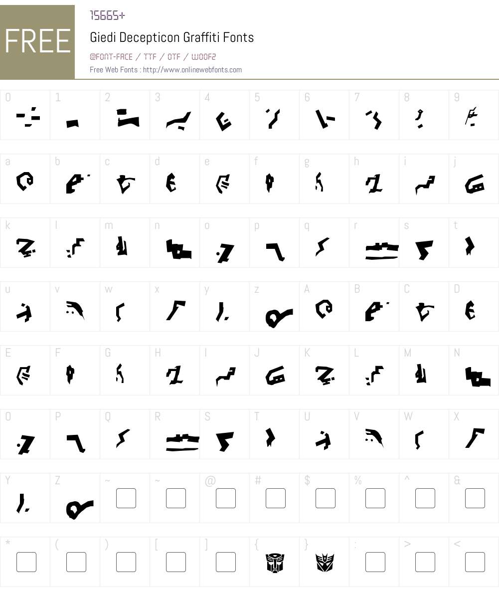 Giedi Decepticon Graffiti 1.00 September 1, 2014, initial release Fonts