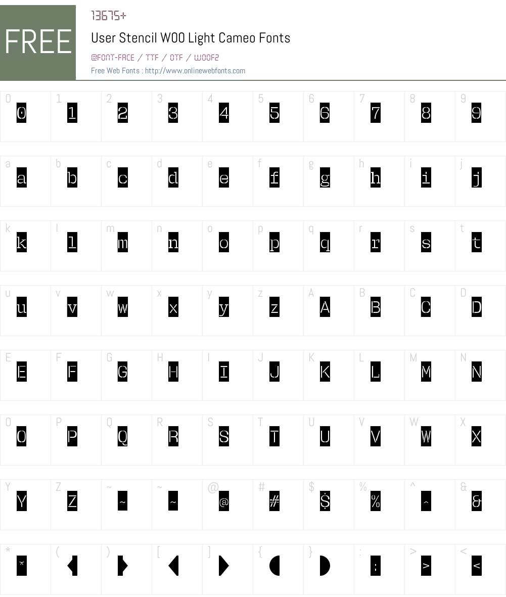 UserStencilW00-LightCameo Font Screenshots